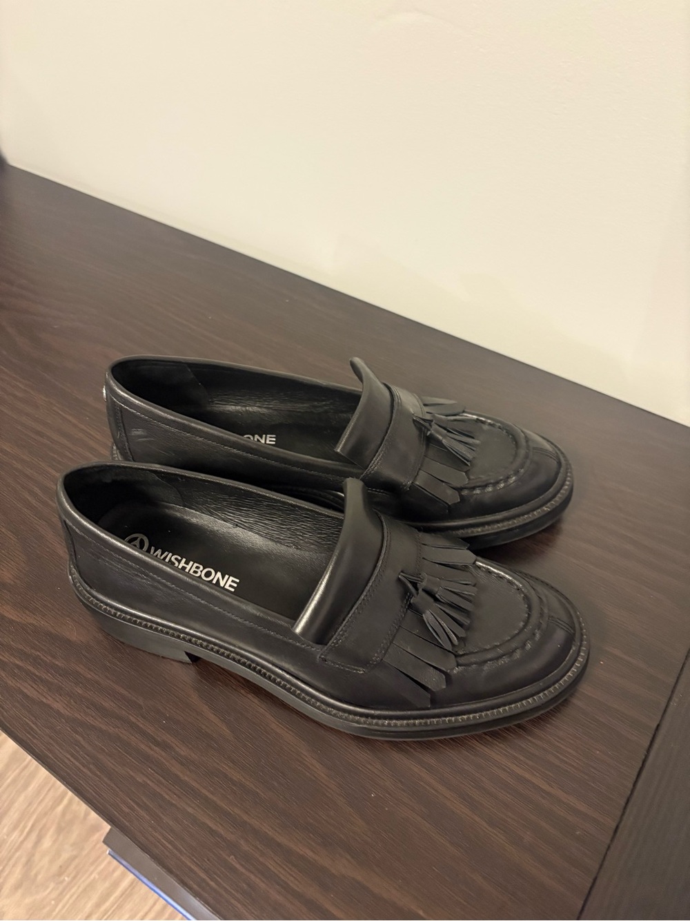 Wishbone Black Leather Tassel Loafers for Women